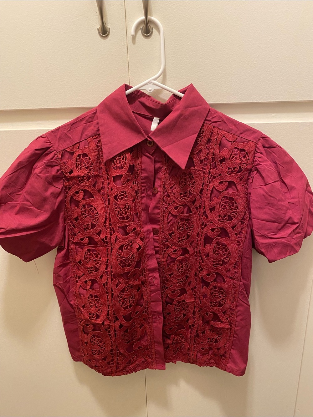 Women’s Lace-Front Puff Sleeve Blouse - Burgundy